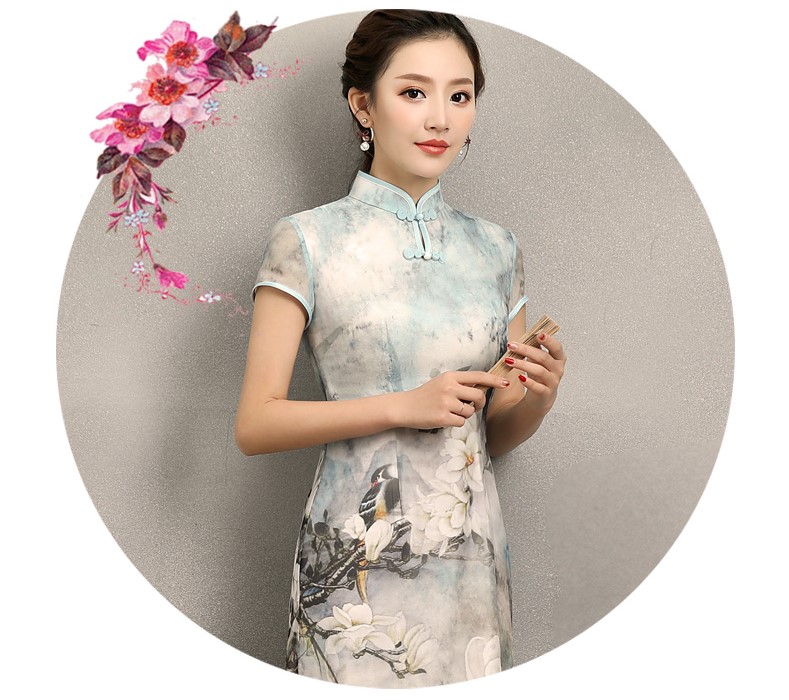 清雅華貴白玉蘭旗袍，復(fù)古真絲旗袍裙