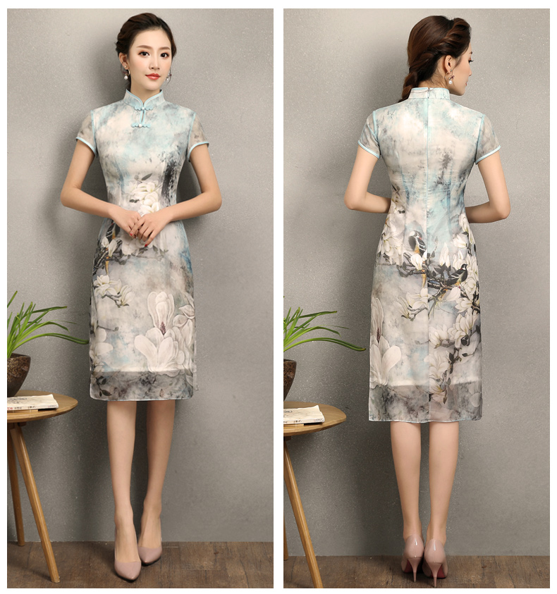 清雅華貴白玉蘭旗袍，復(fù)古真絲旗袍裙