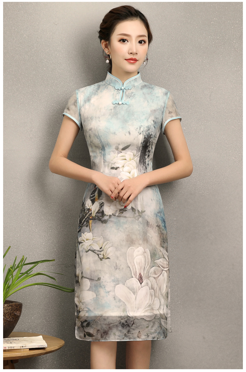 清雅華貴白玉蘭旗袍，復(fù)古真絲旗袍裙