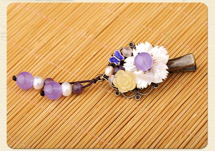 淡紫彩玉超仙發(fā)夾，古風貝殼花朵頭飾