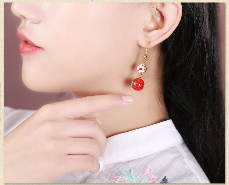復(fù)古琉璃吊墜耳環(huán)，古風(fēng)花朵紅色首飾