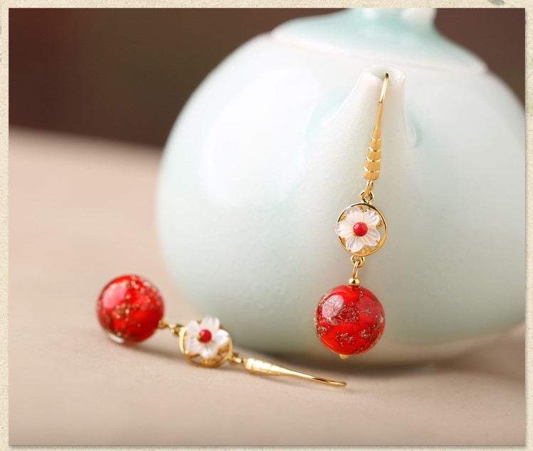 復(fù)古琉璃吊墜耳環(huán)，古風(fēng)花朵紅色首飾
