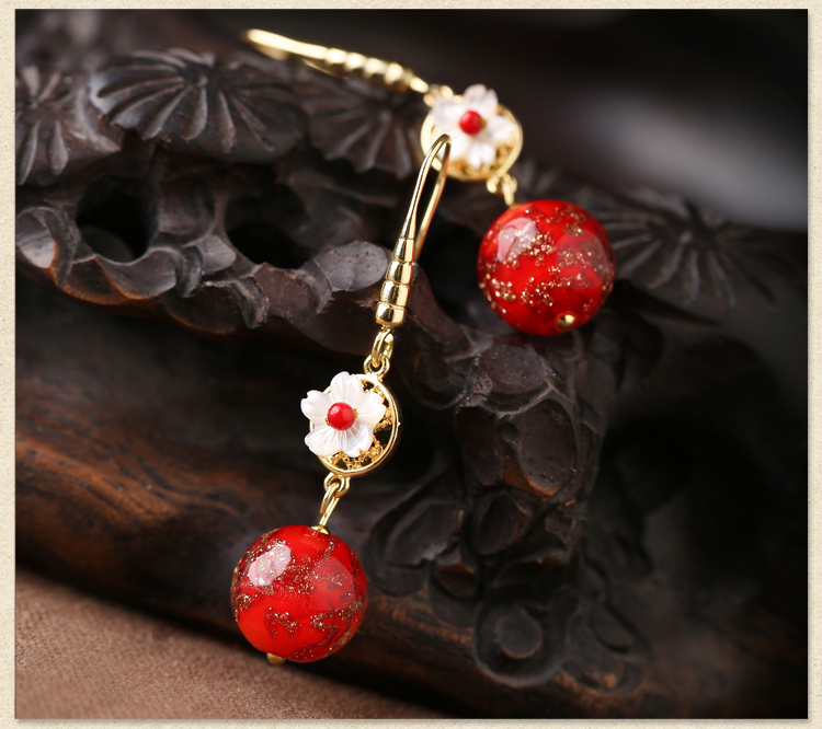 復(fù)古琉璃吊墜耳環(huán)，古風(fēng)花朵紅色首飾