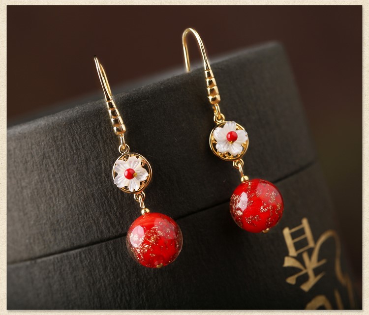 復(fù)古琉璃吊墜耳環(huán)，古風(fēng)花朵紅色首飾