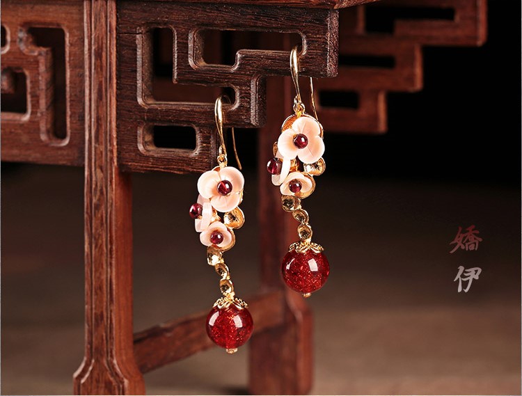 貝殼花朵琉璃吊墜耳環(huán)，古風(fēng)氣質(zhì)嬌雅清新首飾