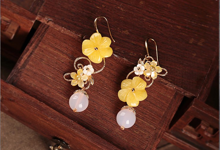 新穎黃花朵耳墜耳環(huán)，古風(fēng)清新氣質(zhì)首飾