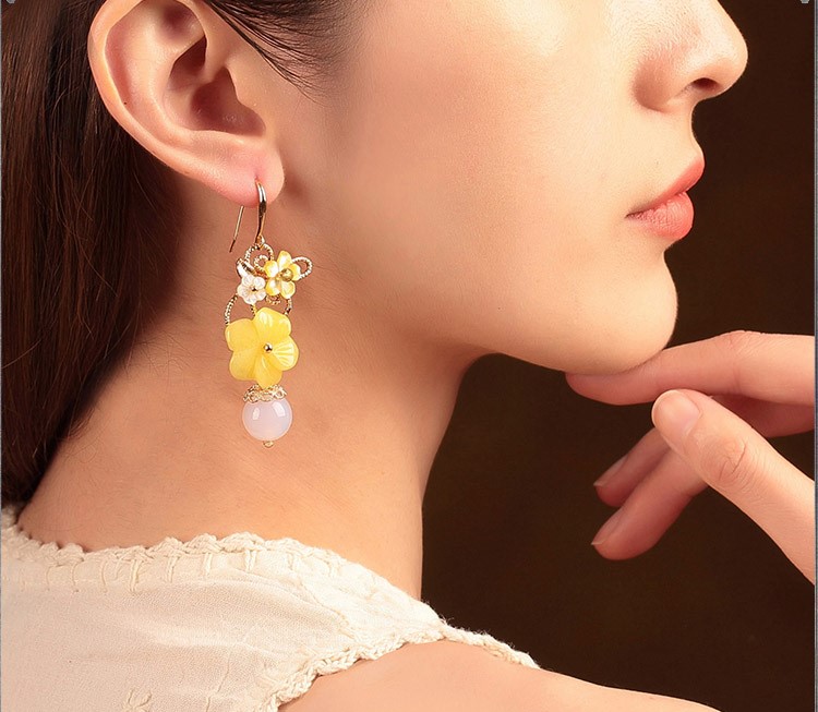 新穎黃花朵耳墜耳環(huán)，古風(fēng)清新氣質(zhì)首飾