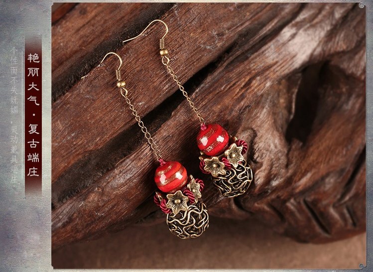 艷塵復(fù)古福連文苑氣質(zhì)耳環(huán)，古風(fēng)紅色琉璃首飾