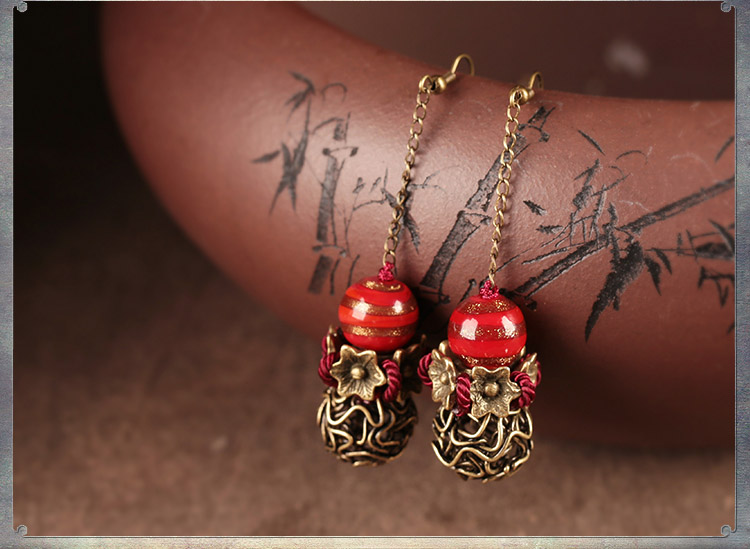 艷塵復(fù)古福連文苑氣質(zhì)耳環(huán)，古風(fēng)紅色琉璃首飾