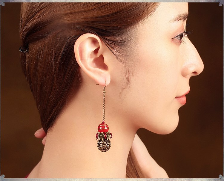 艷塵復(fù)古福連文苑氣質(zhì)耳環(huán)，古風(fēng)紅色琉璃首飾