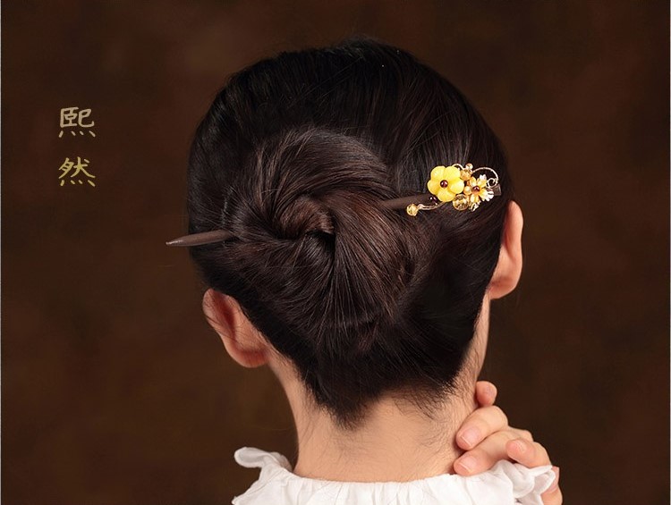 自然清新木簪子，淡黃花朵發(fā)簪頭飾