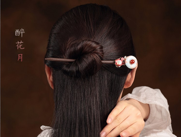 醉花月平安扣木簪子，粉色花朵發(fā)簪頭飾