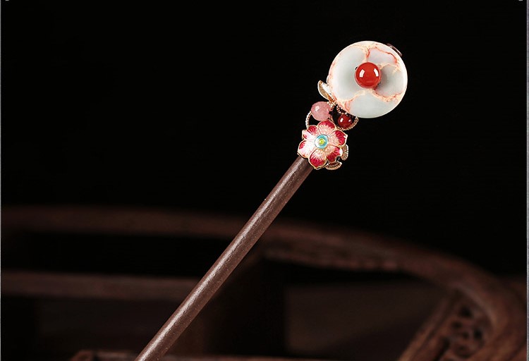 醉花月平安扣木簪子，粉色花朵發(fā)簪頭飾