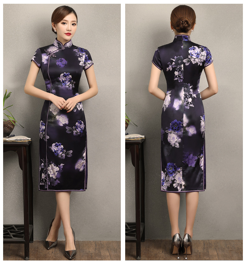 優(yōu)雅鏡花旗袍，清新藍色花旗袍裙