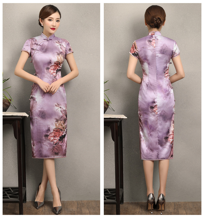 淡紫清新印花旗袍，高貴典雅旗袍裙