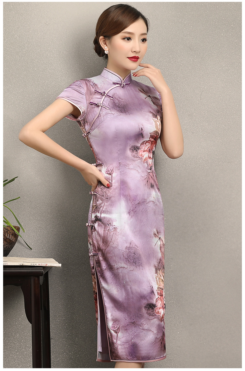 淡紫清新印花旗袍，高貴典雅旗袍裙