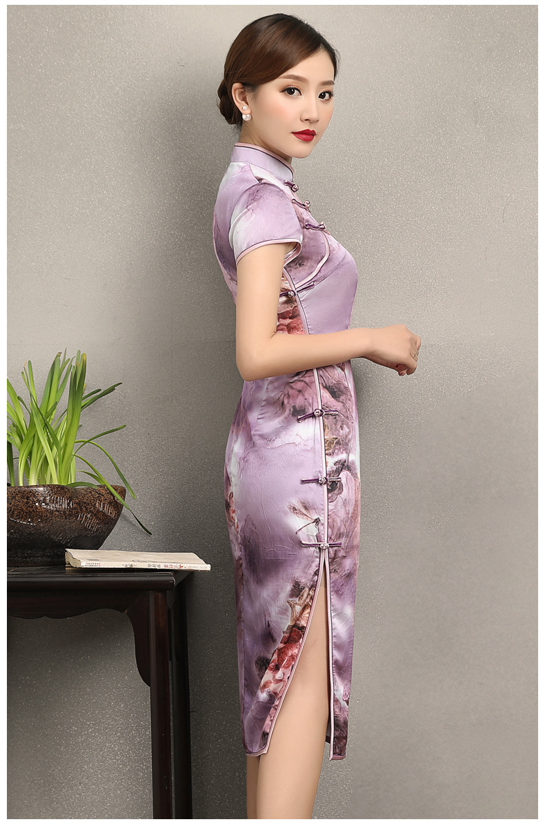 淡紫清新印花旗袍，高貴典雅旗袍裙