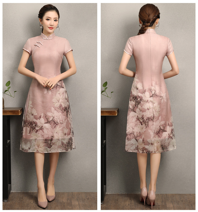 粉色玉蘭花旗袍，清新亮麗旗袍裙
