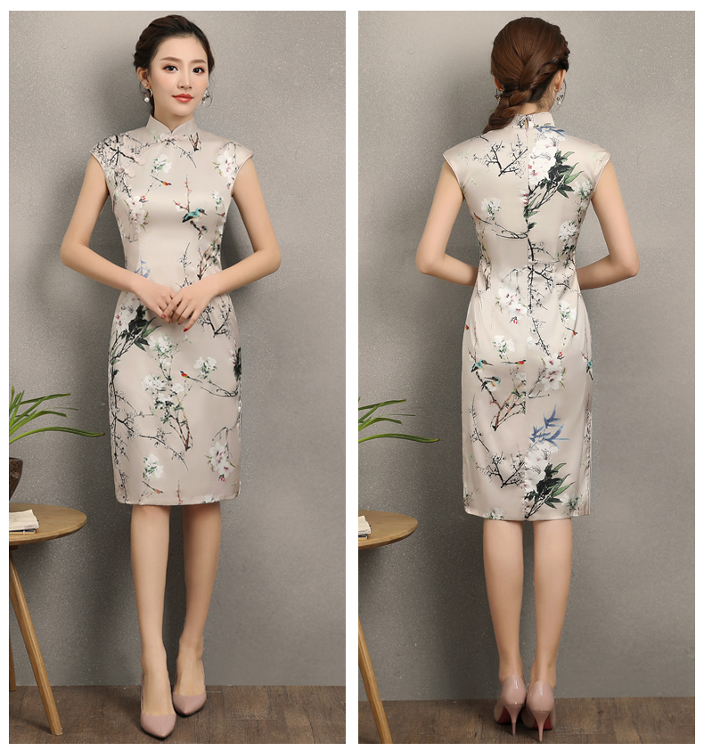 杏色曉鶴印花旗袍，時(shí)尚淡雅旗袍裙