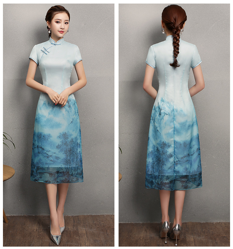 藍(lán)墨福連文苑旗袍，時尚中式旗袍裙