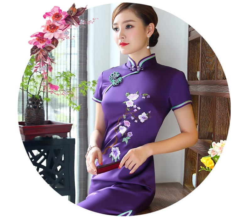 精致繡花高貴紫旗袍，時(shí)尚典雅旗袍裙