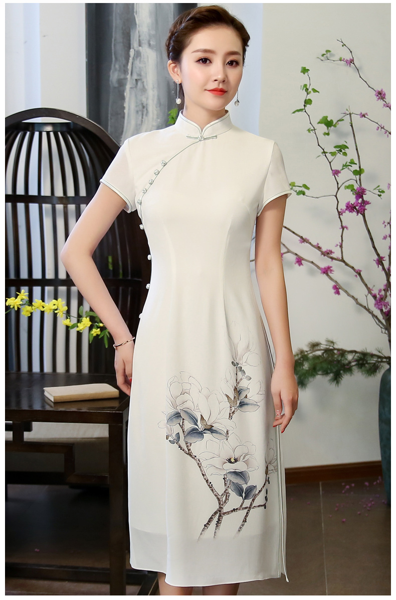 白玉嬌旗袍，復(fù)古素雅旗袍裙