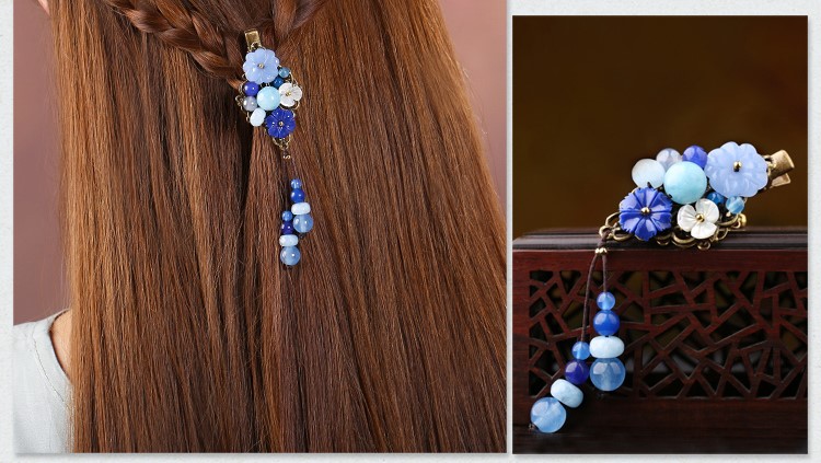 古風(fēng)藍(lán)色發(fā)夾，唯美優(yōu)雅頭飾