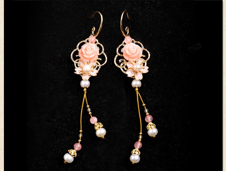 古風(fēng)唯美花朵耳墜耳環(huán)，氣質(zhì)超仙少女粉耳環(huán)