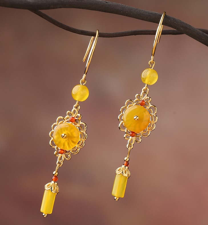 耀眼黃色瑪瑙耳環(huán)，氣質(zhì)高貴耳環(huán)