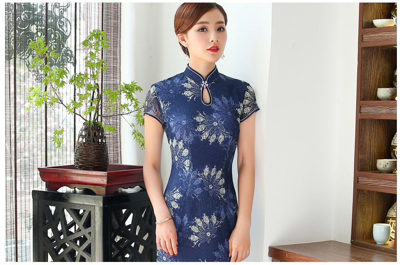 念花蕾絲旗袍，時(shí)尚魚尾旗袍裙