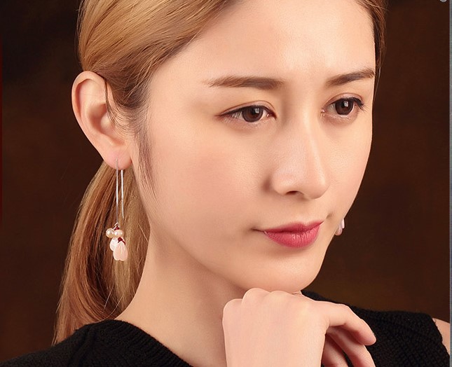 小清新珍珠貝殼耳環(huán)，唯美花瓣吊墜耳環(huán)首飾