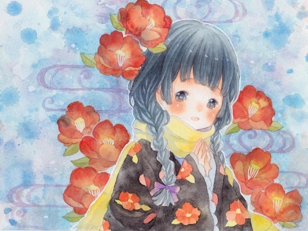 一組少女風的日系水彩插畫：清新唯美萌妹紙