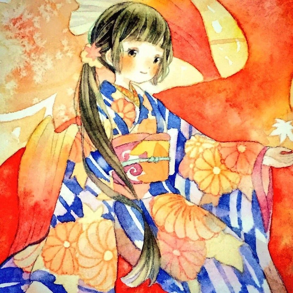 一組少女風的日系水彩插畫：清新唯美萌妹紙