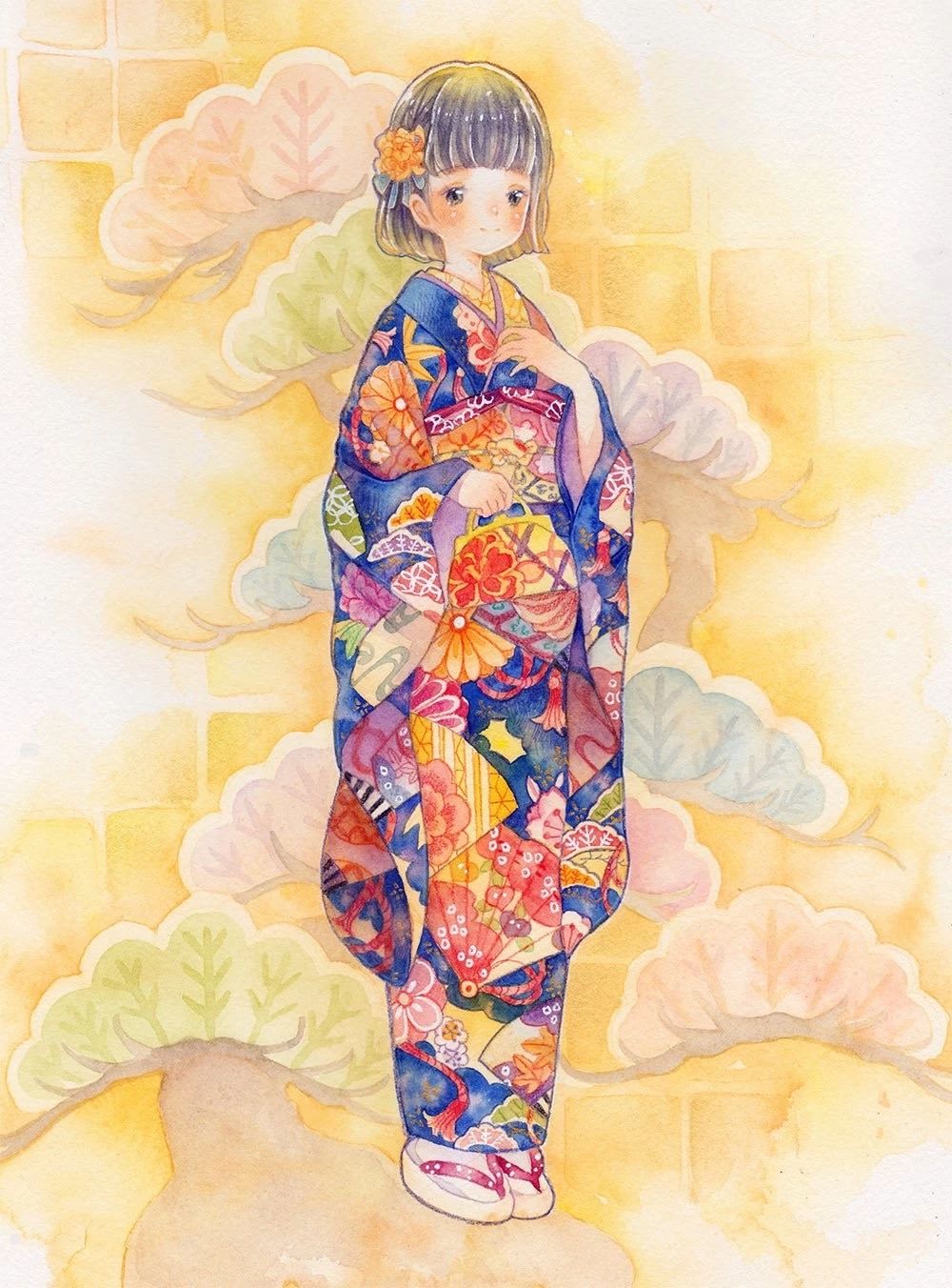 一組少女風的日系水彩插畫：清新唯美萌妹紙