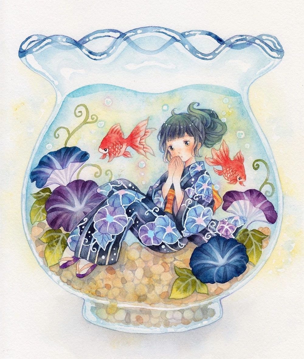 一組少女風(fēng)的日系水彩插畫：清新唯美萌妹紙