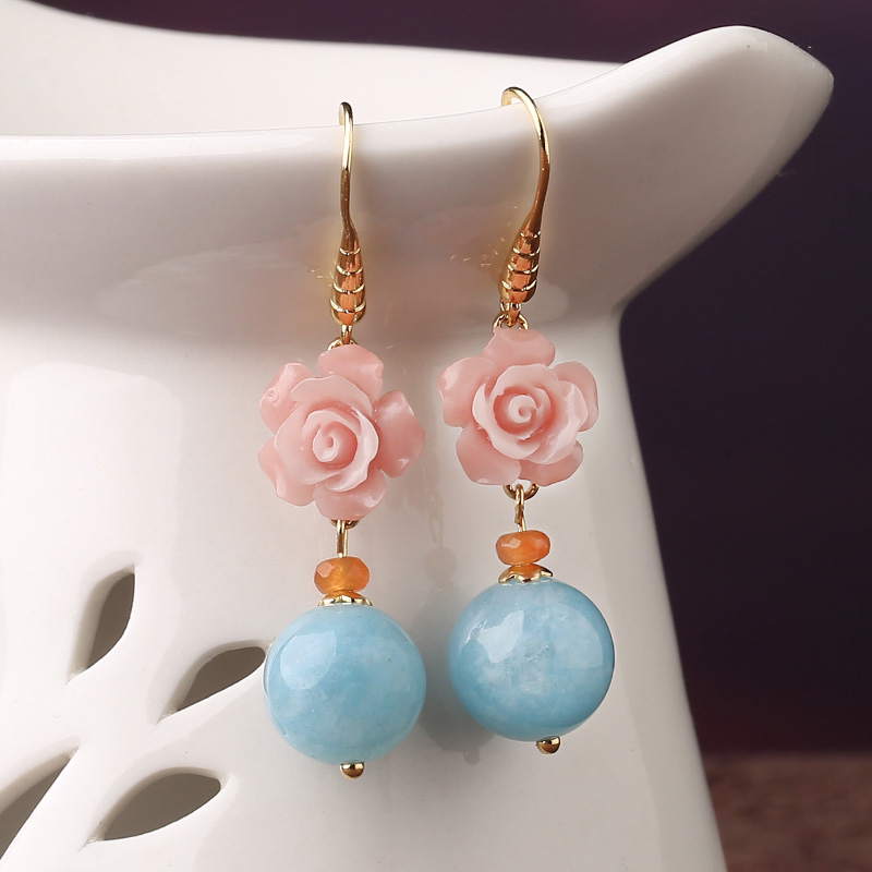 名媛氣質花朵耳環(huán)，清新古風粉藍雙色首飾