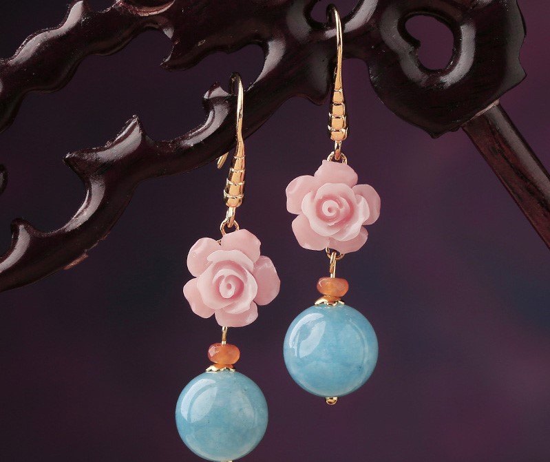名媛氣質花朵耳環(huán)，清新古風粉藍雙色首飾