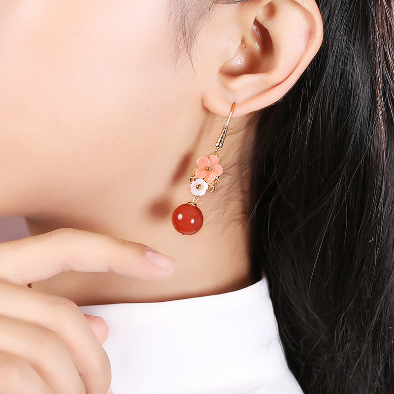 復(fù)古紅瑪瑙吊墜耳環(huán)，超仙花朵耳飾首飾