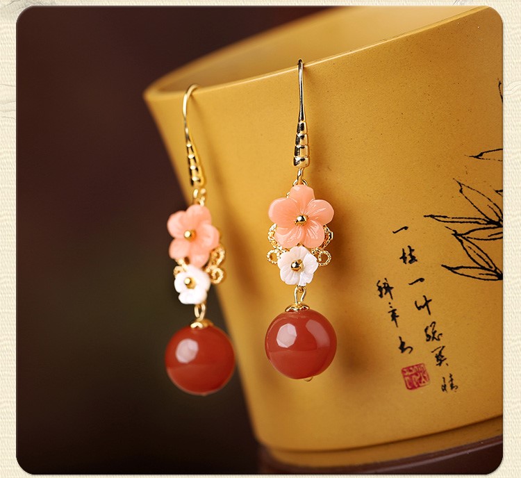 復(fù)古紅瑪瑙吊墜耳環(huán)，超仙花朵耳飾首飾