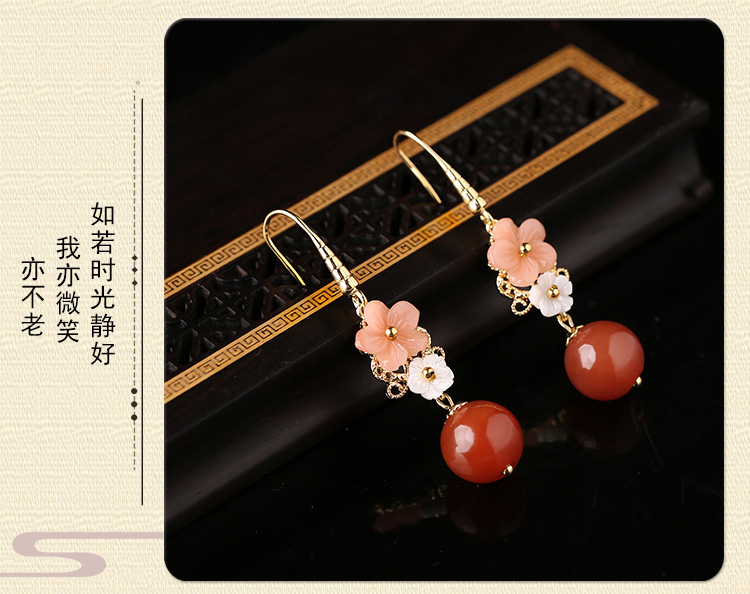 復(fù)古紅瑪瑙吊墜耳環(huán)，超仙花朵耳飾首飾