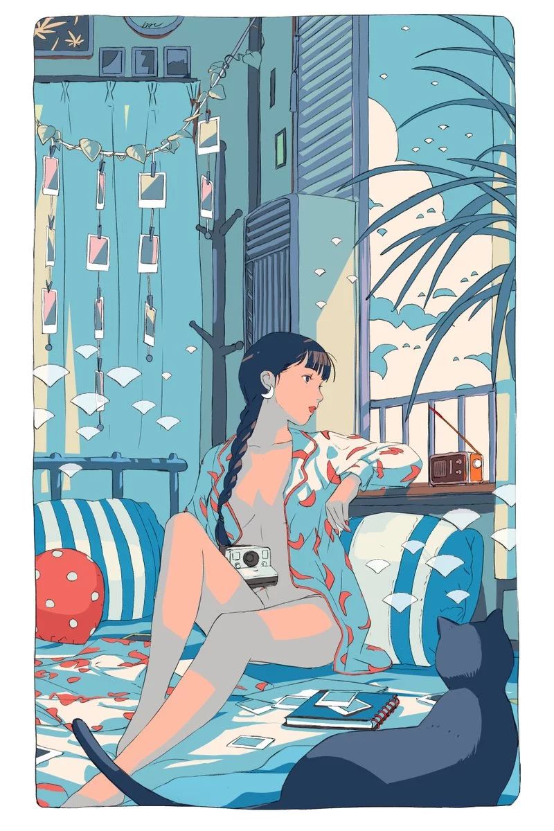 一組手繪少女風(fēng)格插畫(huà)，清新色彩插畫(huà)圖片