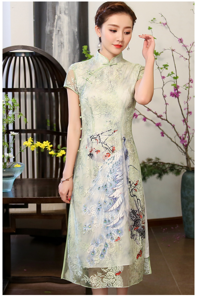 奧黛風(fēng)綠孔雀旗袍，蕾絲短袖旗袍裙!