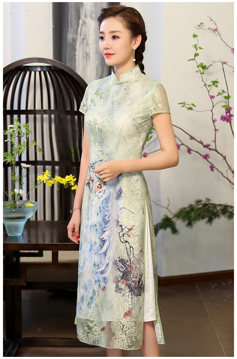 奧黛風(fēng)綠孔雀旗袍，蕾絲短袖旗袍裙!
