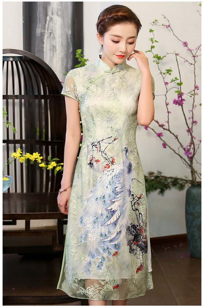奧黛風(fēng)綠孔雀旗袍，蕾絲短袖旗袍裙!