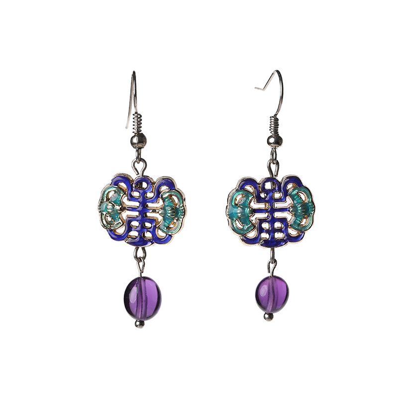 古典景泰藍(lán)耳環(huán)，紫水晶吊墜耳環(huán)首飾