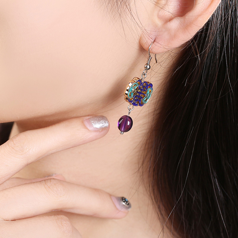 古典景泰藍(lán)耳環(huán)，紫水晶吊墜耳環(huán)首飾