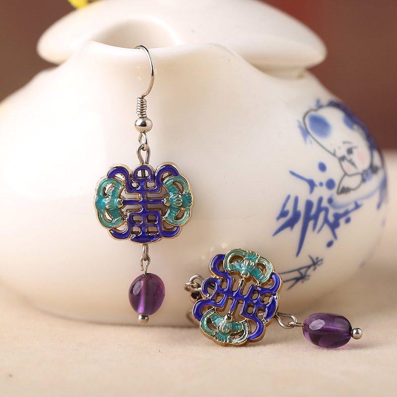 古典景泰藍(lán)耳環(huán)，紫水晶吊墜耳環(huán)首飾