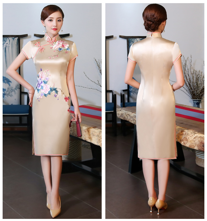 金牡丹刺繡旗袍，復(fù)古唯美旗袍裙