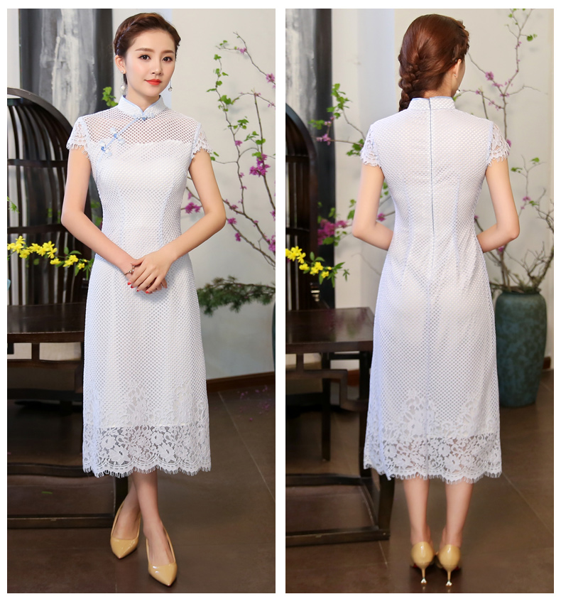 清爽伊人淡藍(lán)色旗袍，網(wǎng)狀鏤空旗袍裙
