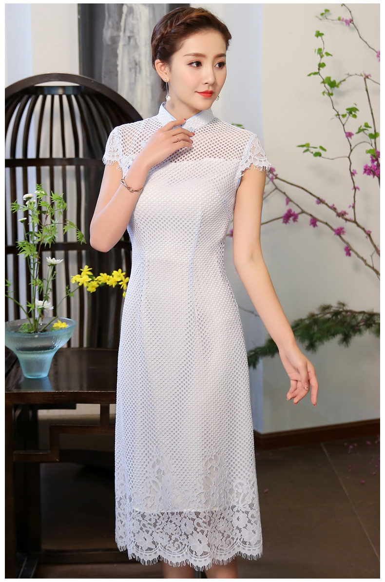 清爽伊人淡藍(lán)色旗袍，網(wǎng)狀鏤空旗袍裙